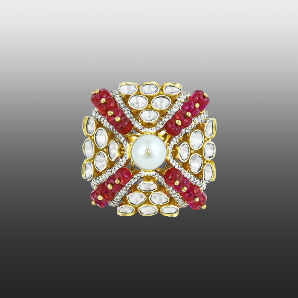Bold Polki Ring with Central Pearl, Red Beads, and Uncut Diamonds